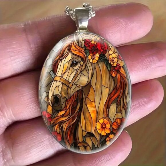 Silver Oval Shaped HORSE Flowers Pendant Necklace - Picture 1 of 3